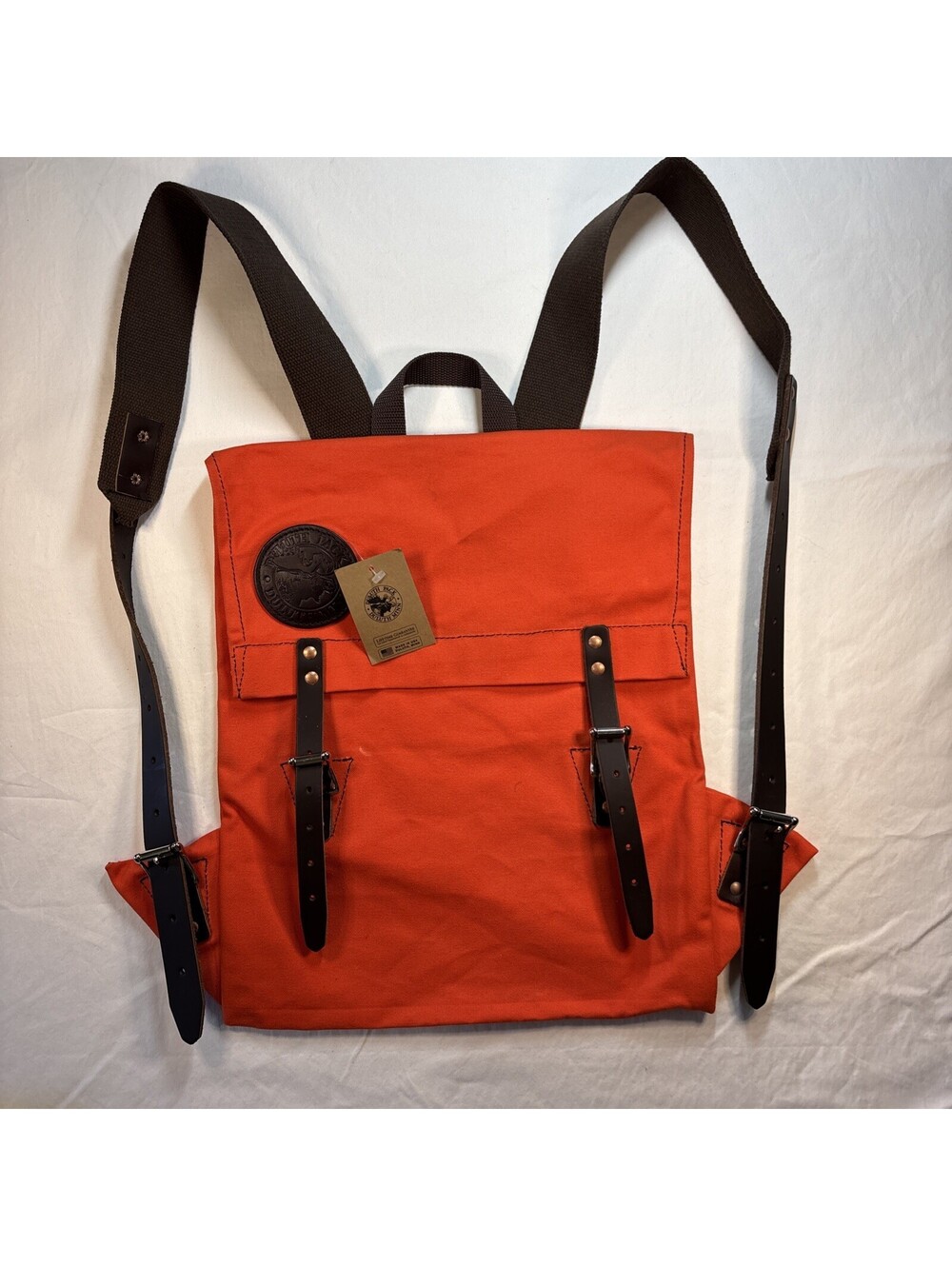 Duluth Pack Deluxe Backpack Blaze orange Canvas and Leather made in USA NWT